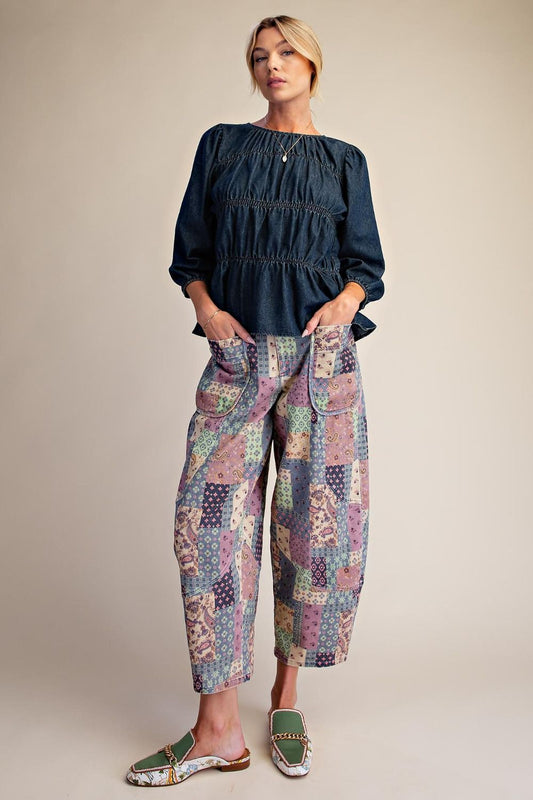 Patchwork Print Washed Barrel Pants