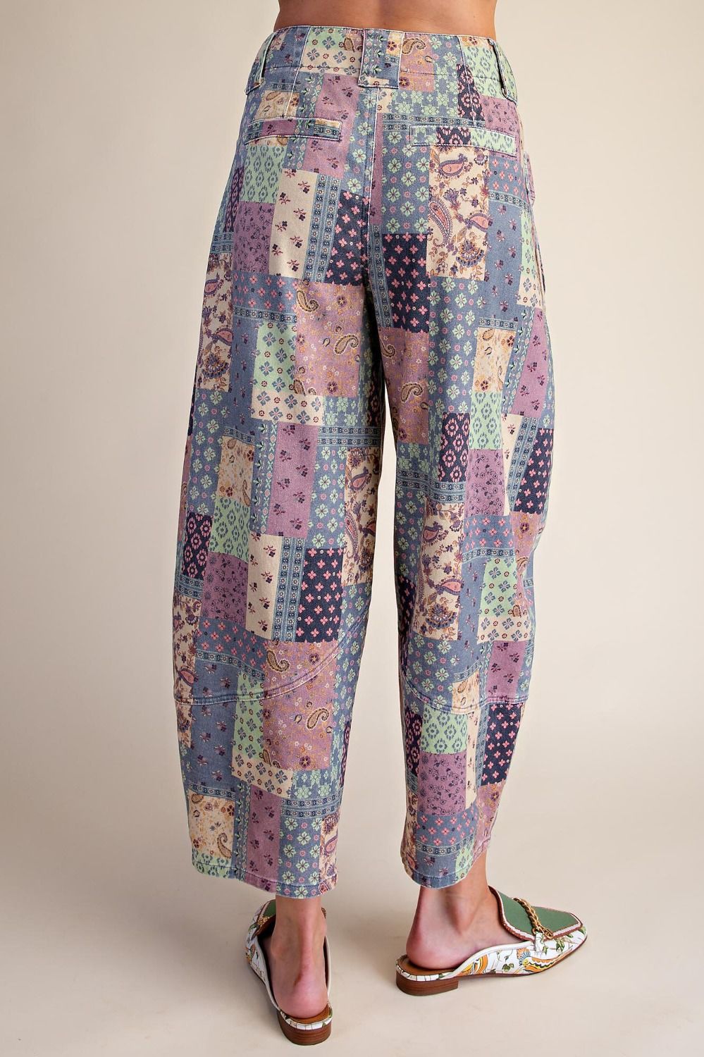 Patchwork Print Washed Barrel Pants