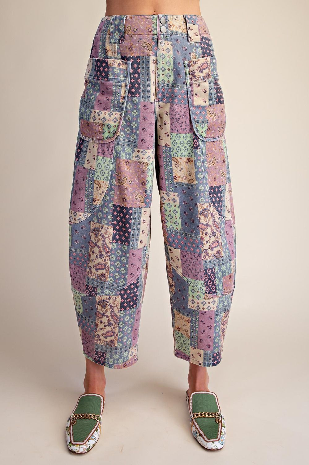 Patchwork Print Washed Barrel Pants