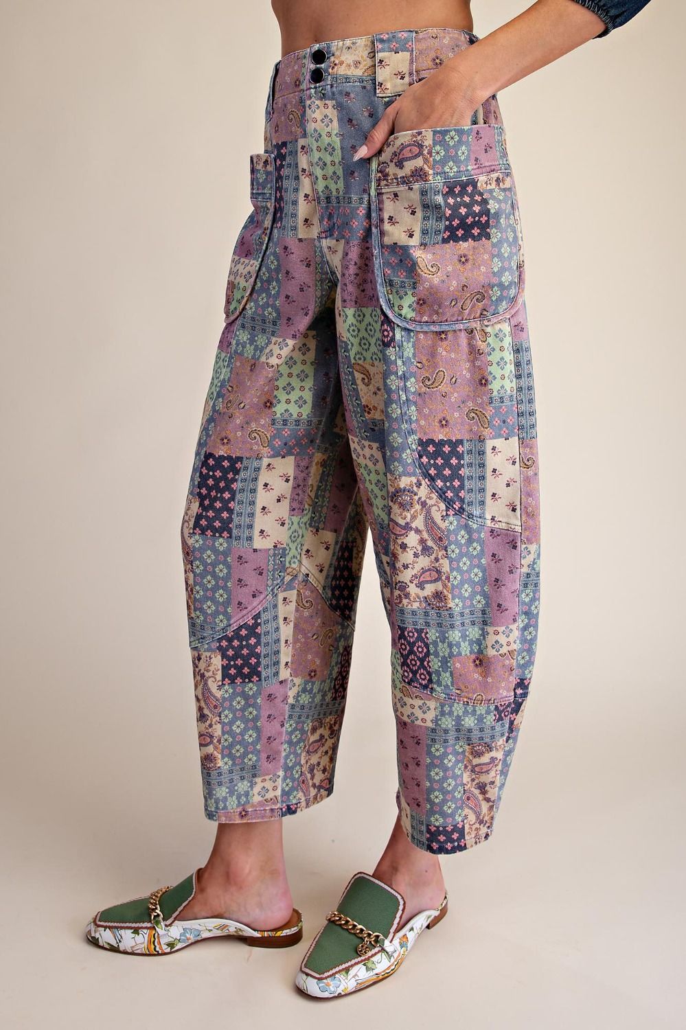 Patchwork Print Washed Barrel Pants