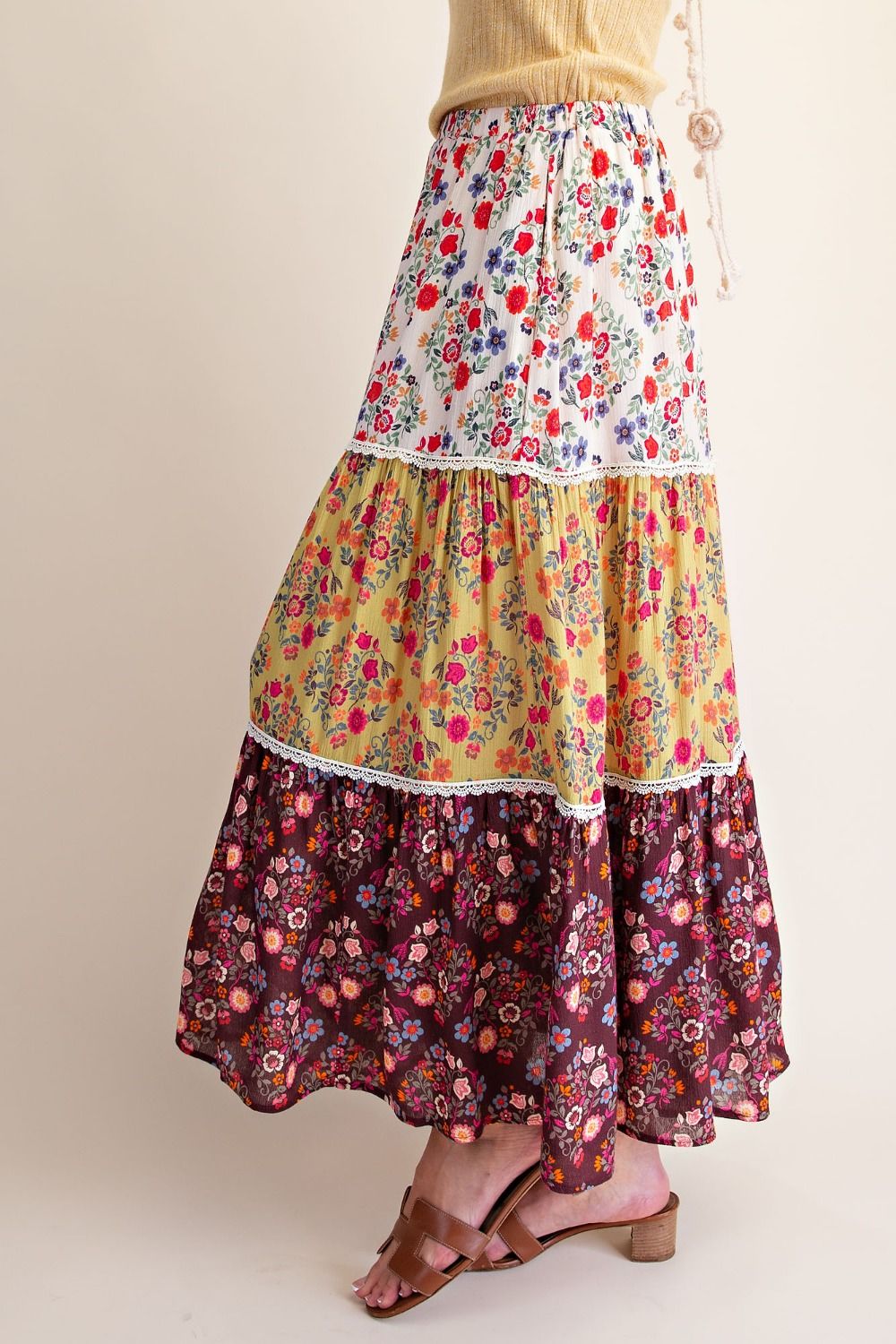 Color Block Printed Rayon Gauze Tiered Skirt