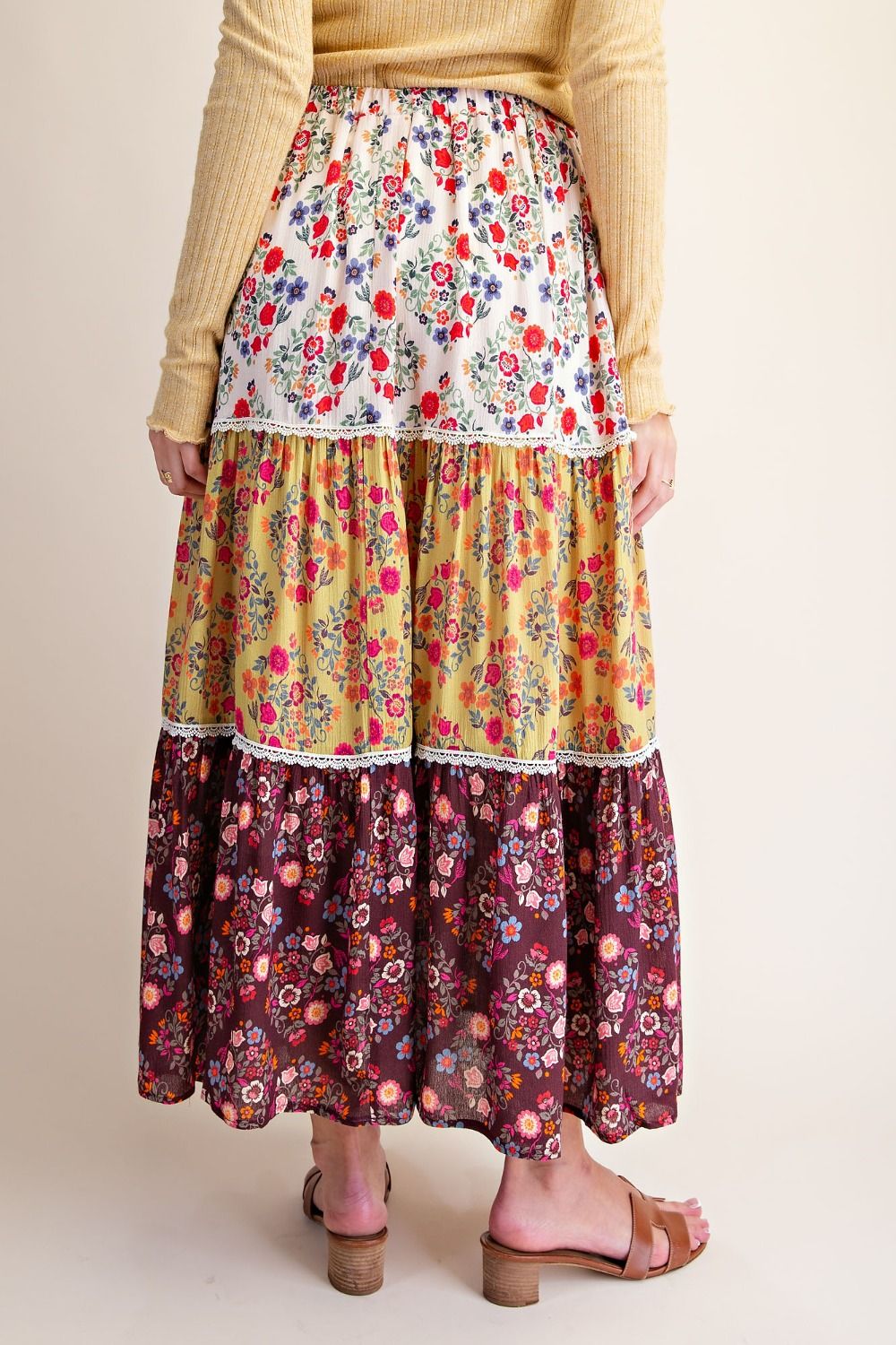 Color Block Printed Rayon Gauze Tiered Skirt