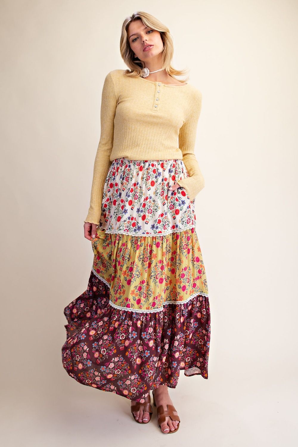 Color Block Printed Rayon Gauze Tiered Skirt