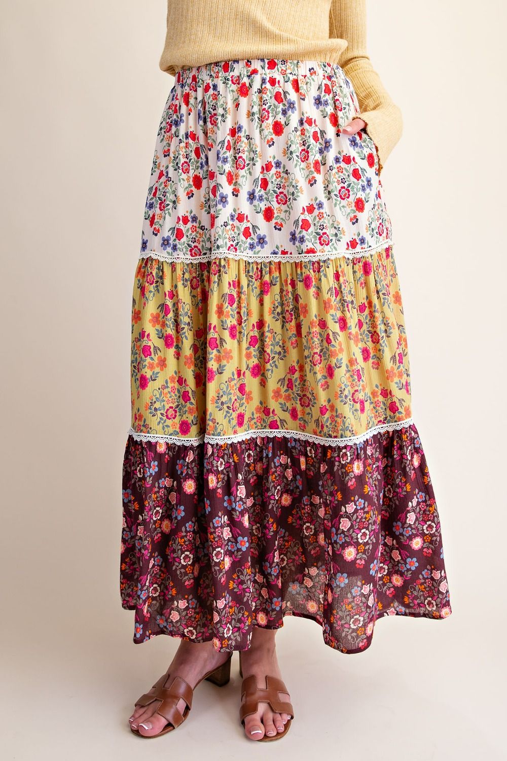 Color Block Printed Rayon Gauze Tiered Skirt