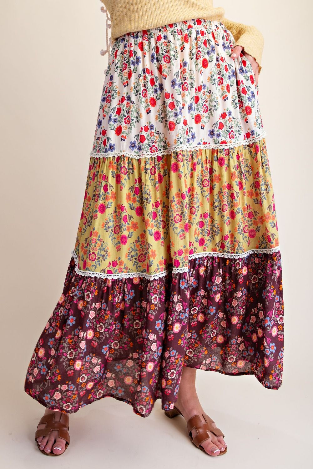 Color Block Printed Rayon Gauze Tiered Skirt