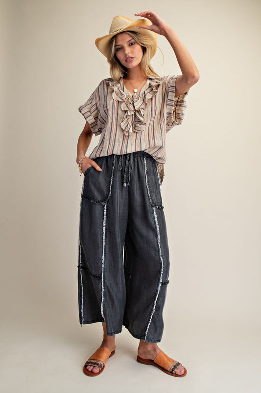 Self Fray Washed Chambray Palazzo Pants