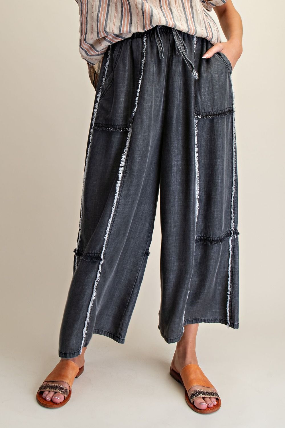 Self Fray Washed Chambray Palazzo Pants