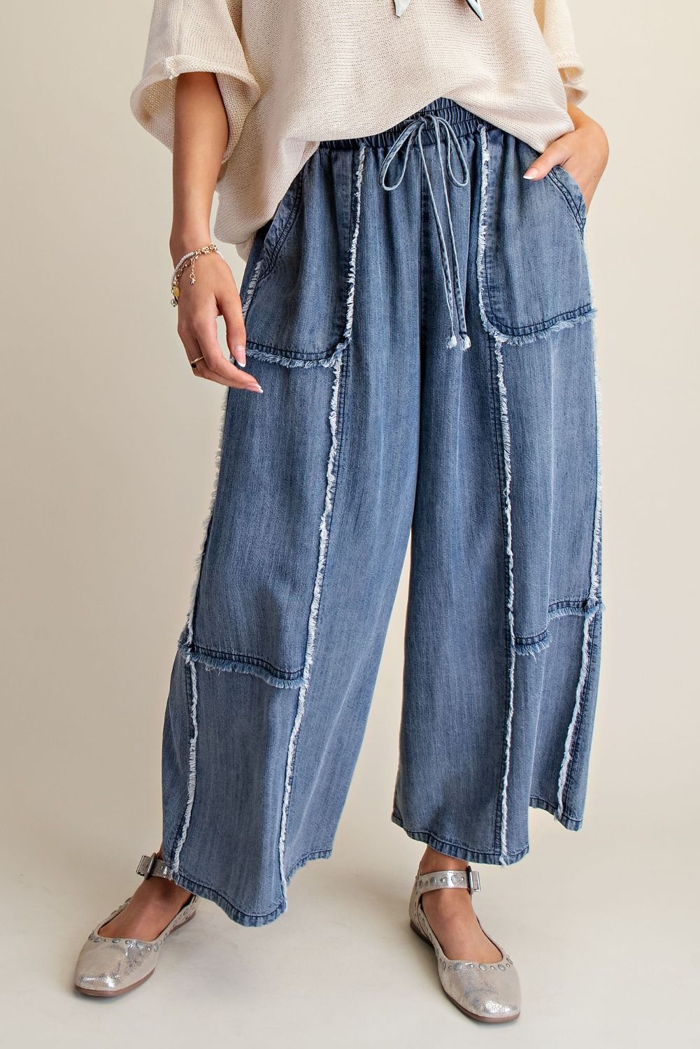 Self Fray Washed Chambray Palazzo Pants
