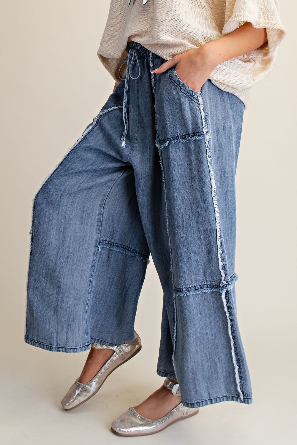 Self Fray Washed Chambray Palazzo Pants