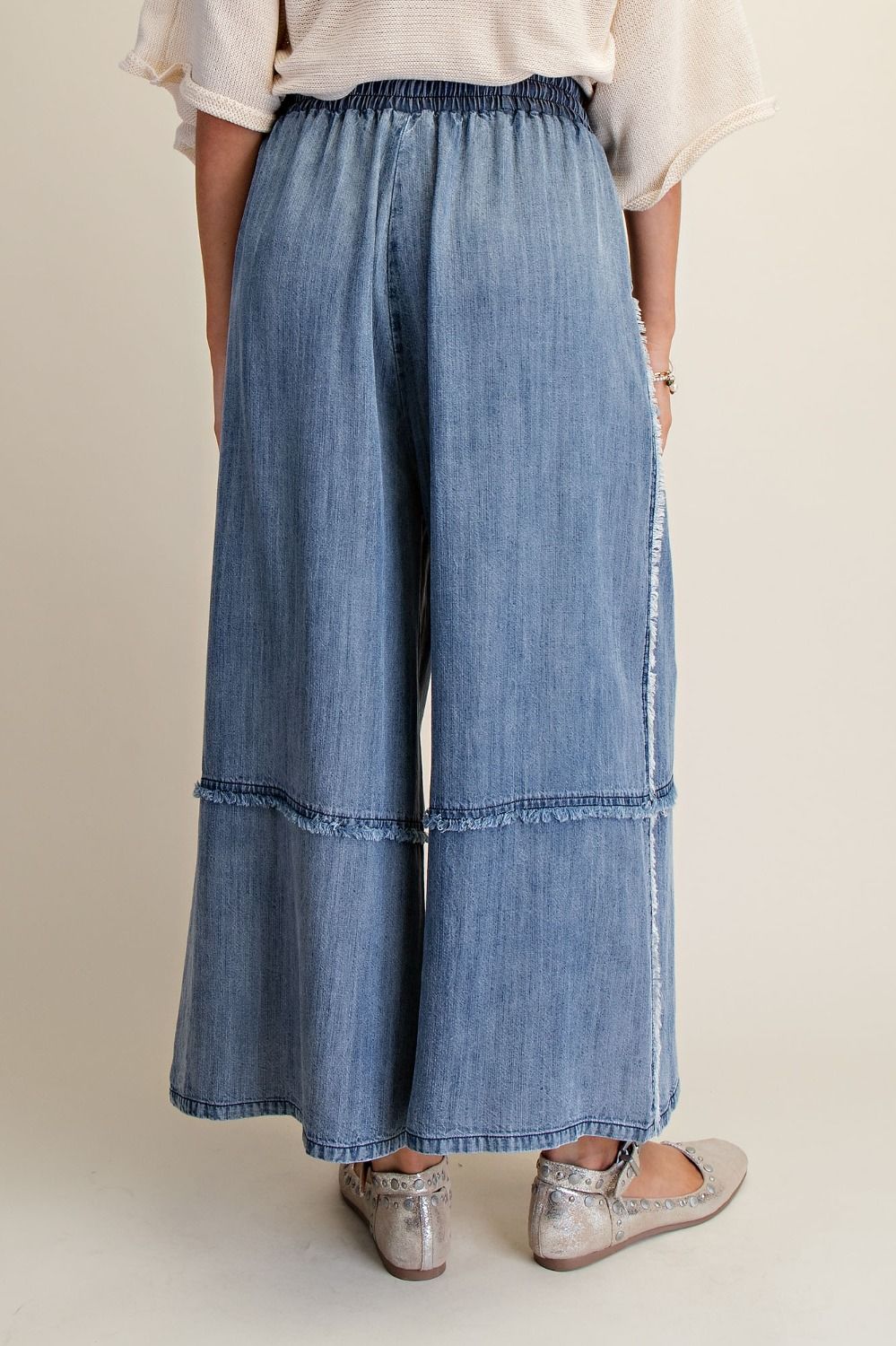 Self Fray Washed Chambray Palazzo Pants