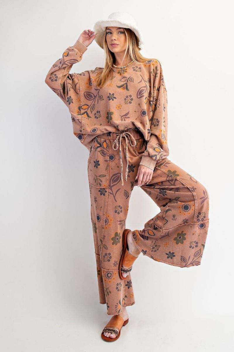 Floral Printed Washed Terry Knit Pants