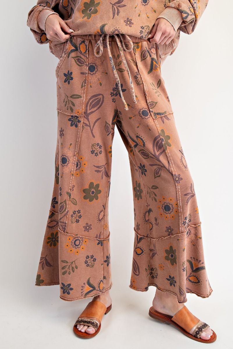 Floral Printed Washed Terry Knit Pants