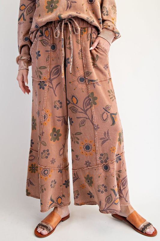 Floral Printed Washed Terry Knit Pants