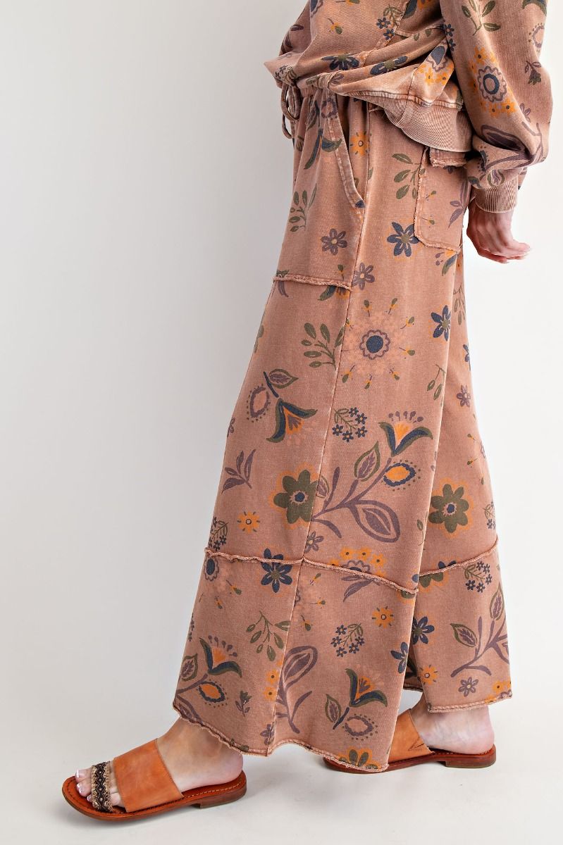 Floral Printed Washed Terry Knit Pants