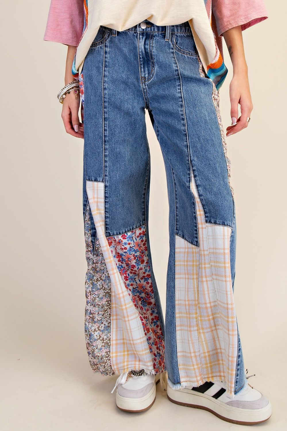 Patchwork Detailing Enzyme Washed Denim Pants