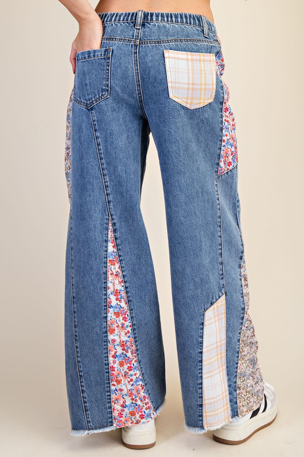 Patchwork Detailing Enzyme Washed Denim Pants