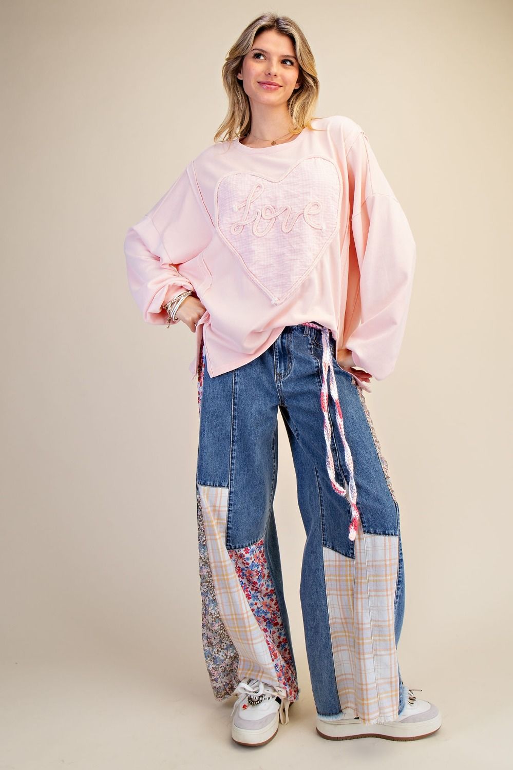 Patchwork Detailing Enzyme Washed Denim Pants