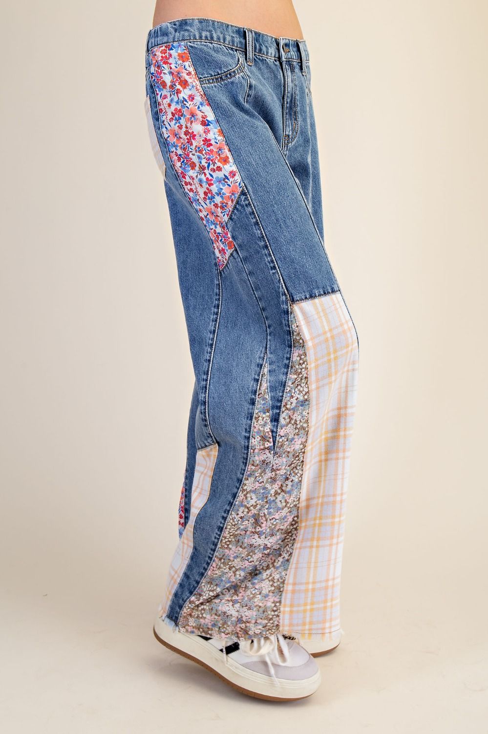 Patchwork Detailing Enzyme Washed Denim Pants