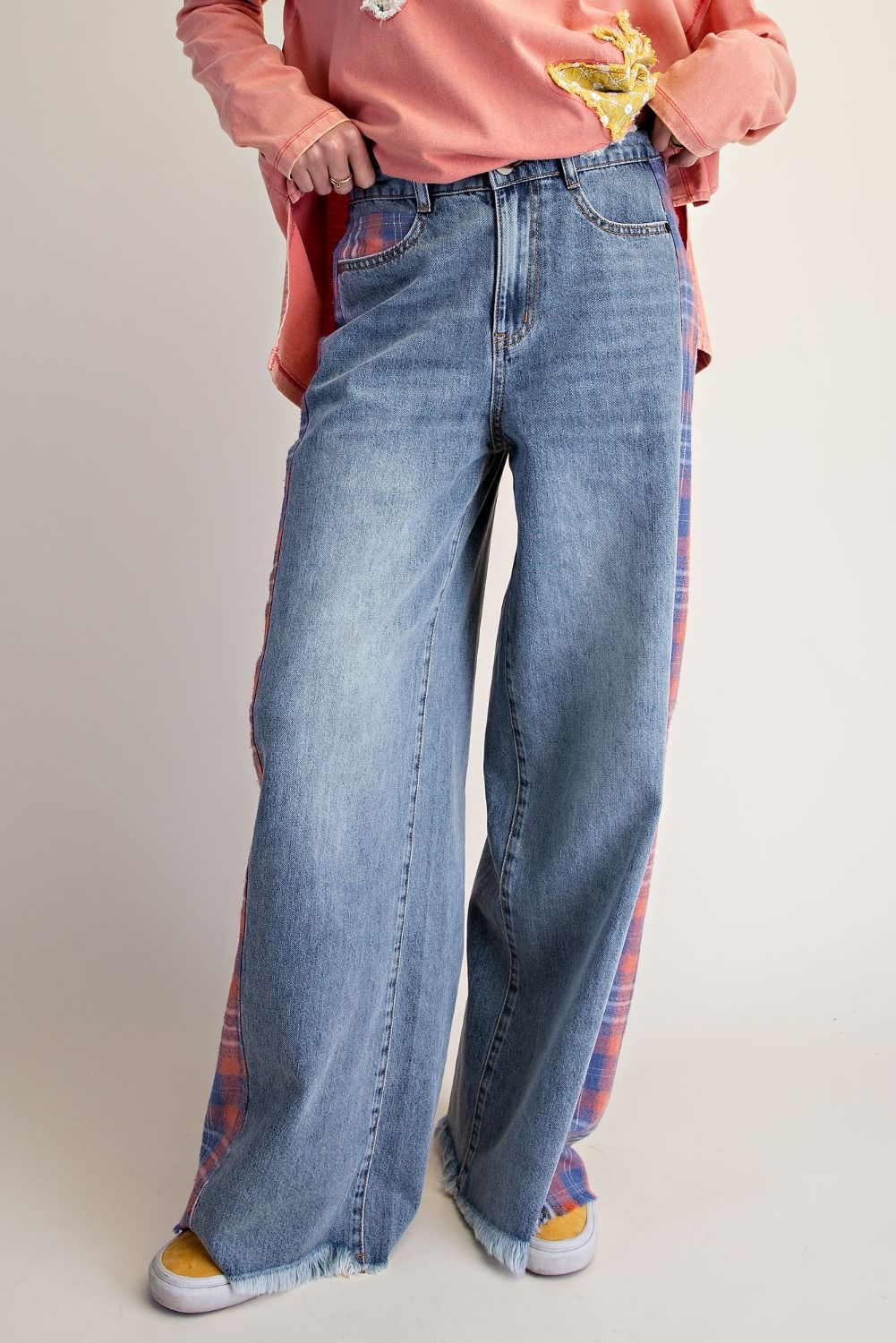 Plaid Mix Washed Denim Pants