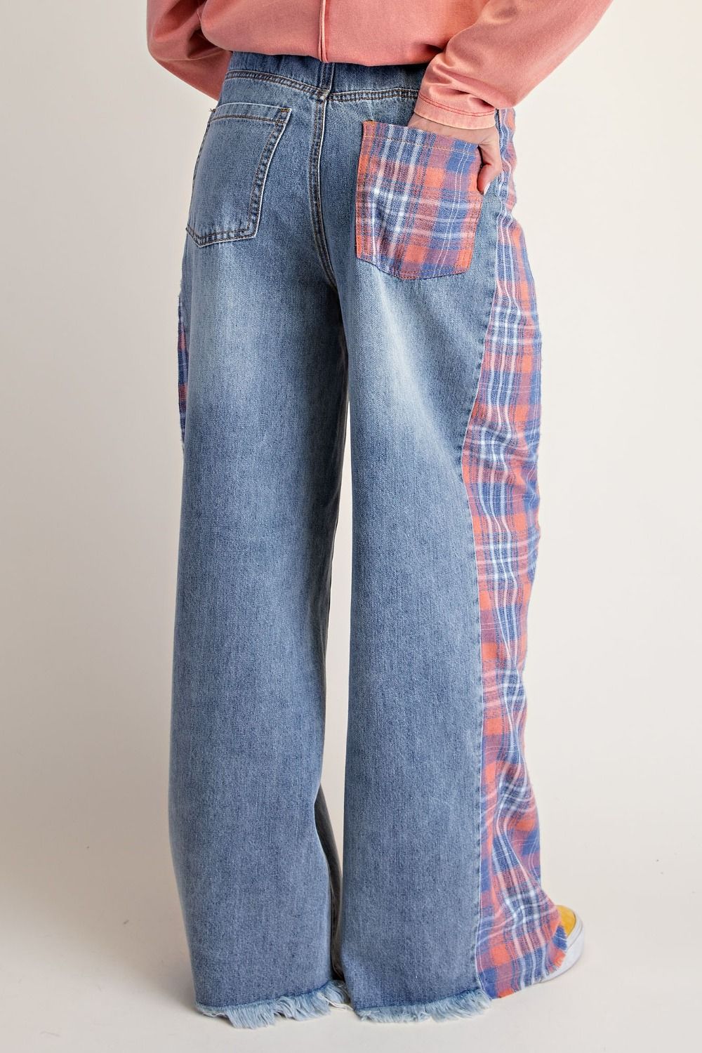 Plaid Mix Washed Denim Pants