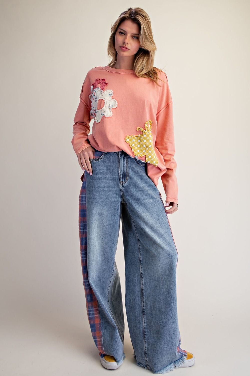 Plaid Mix Washed Denim Pants