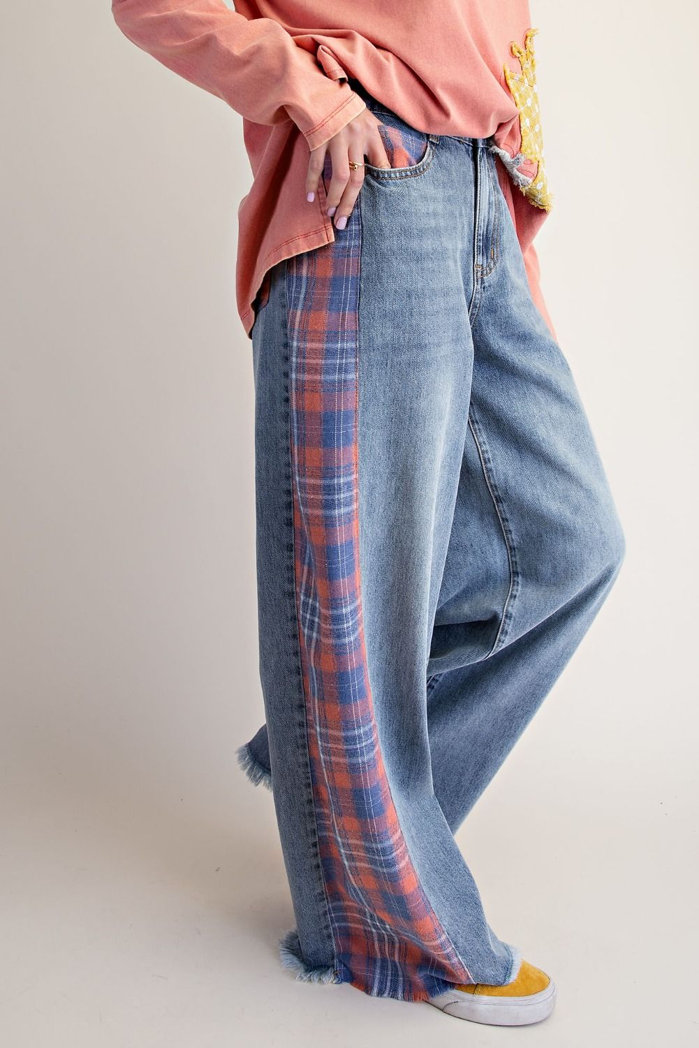 Plaid Mix Washed Denim Pants