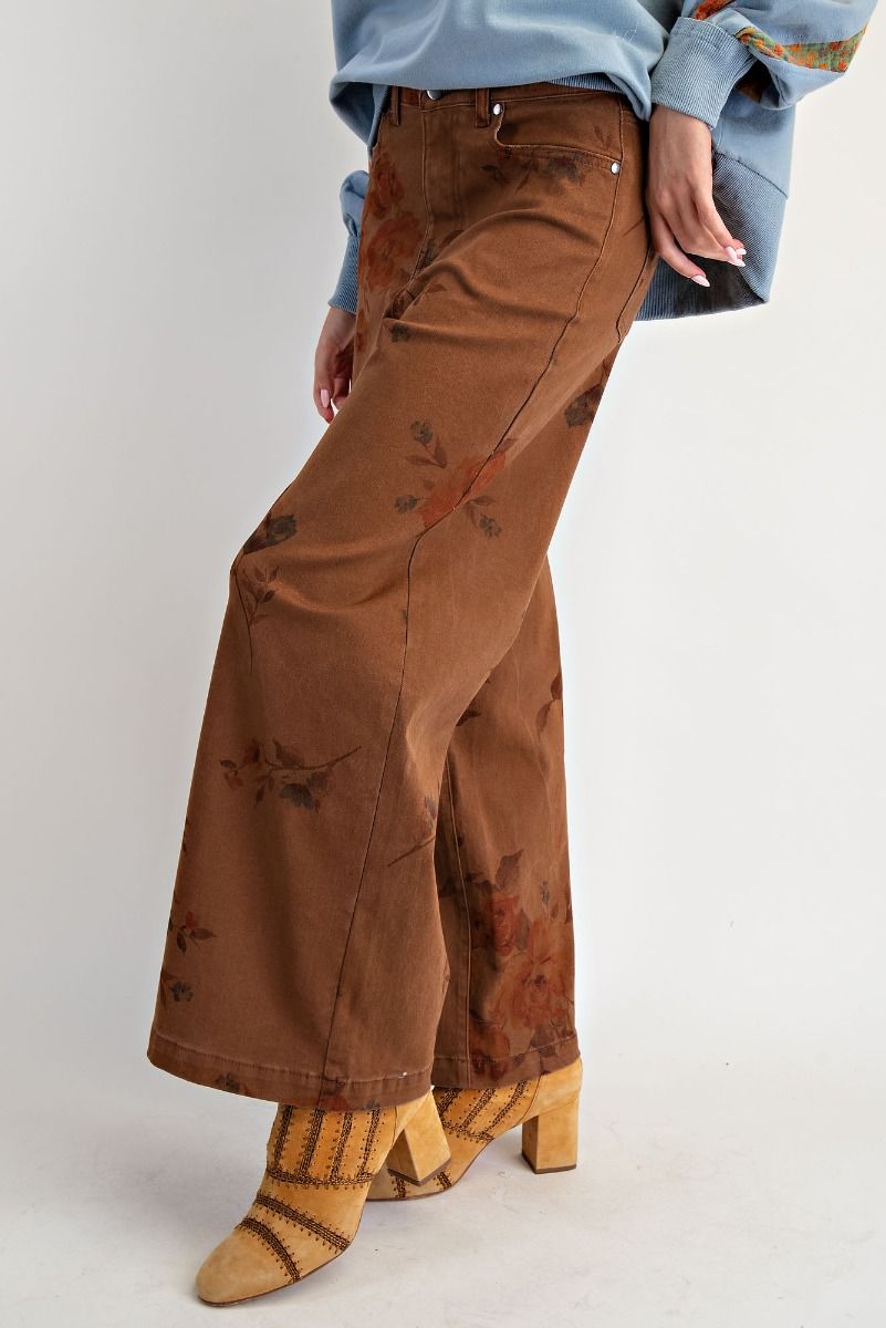 Flower Print Strecth Washed Twill Pants