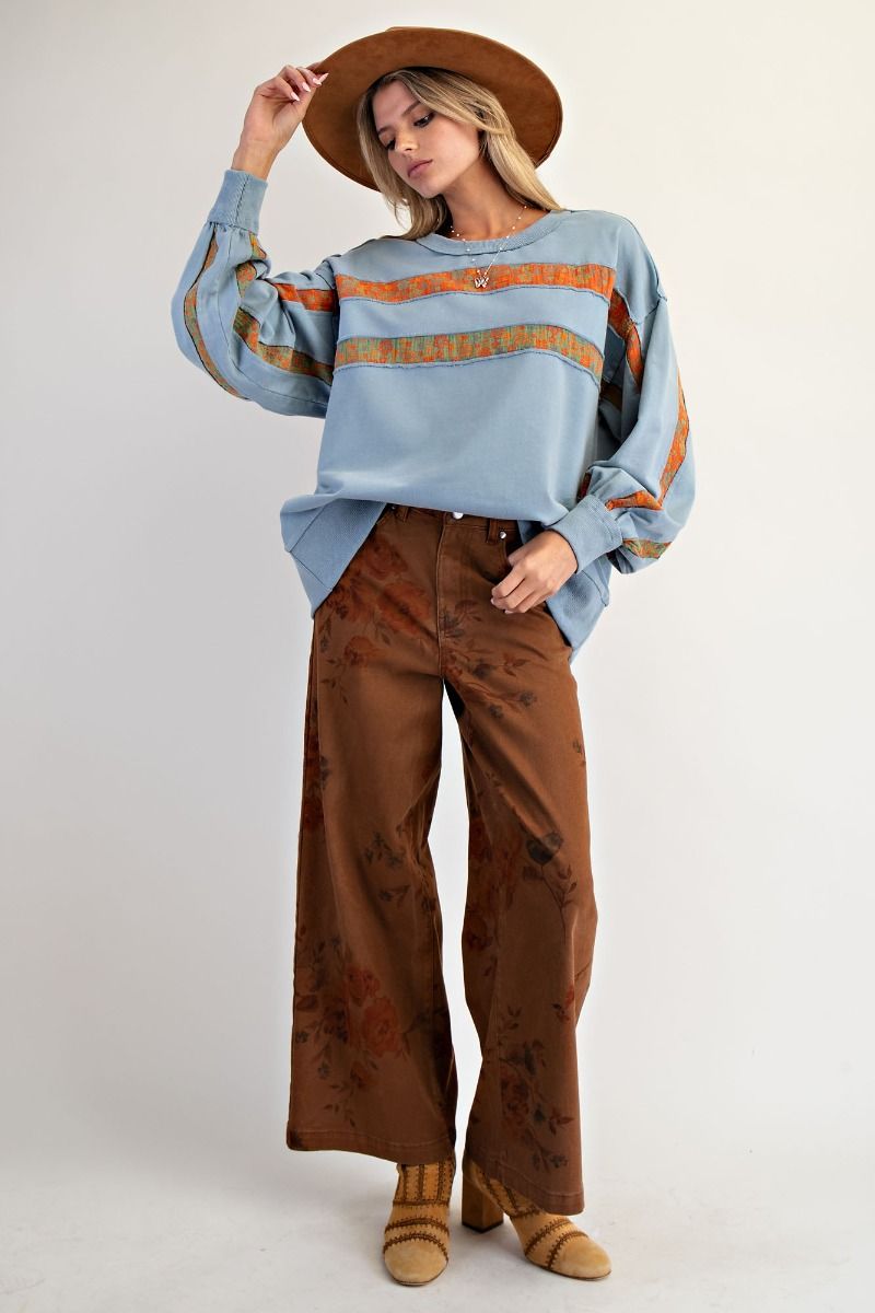 Flower Print Strecth Washed Twill Pants