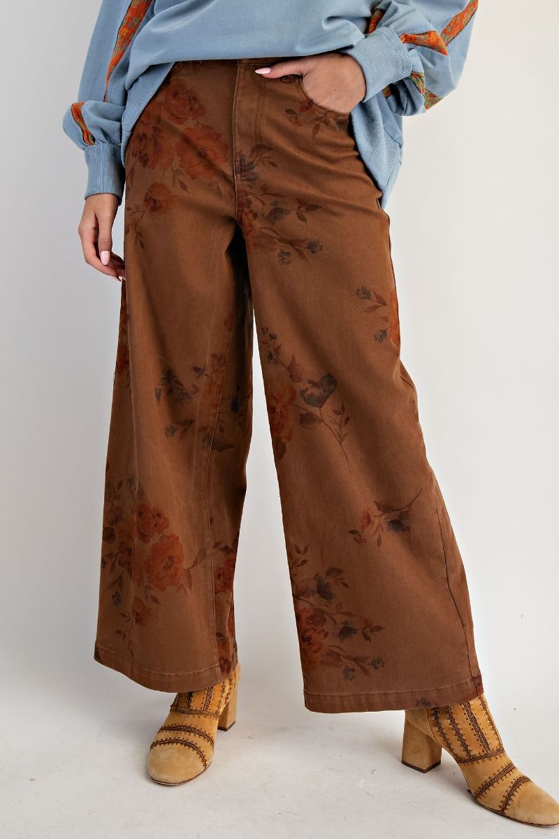 Flower Print Strecth Washed Twill Pants