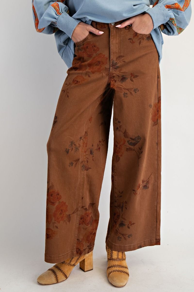 Flower Print Strecth Washed Twill Pants