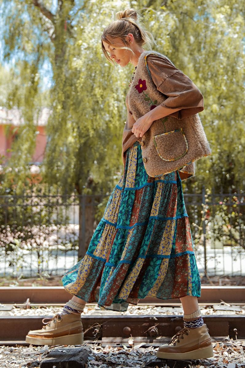 Printed Rayon Gauze Tiered Maxi Skirt
