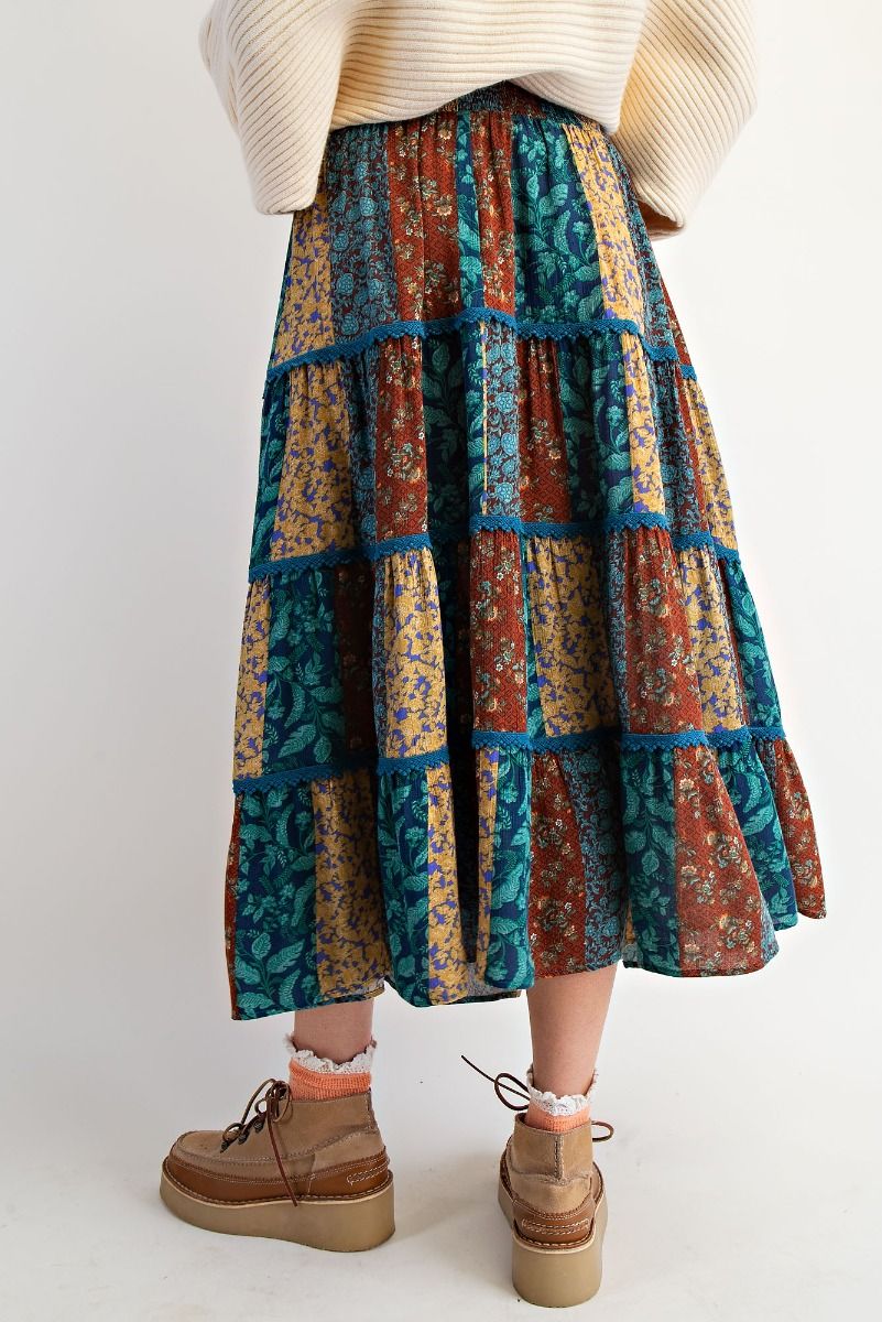 Printed Rayon Gauze Tiered Maxi Skirt