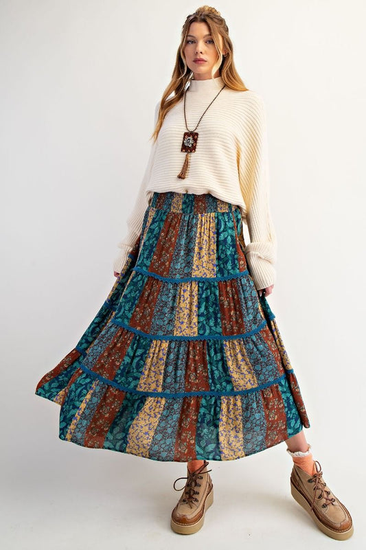 Printed Rayon Gauze Tiered Maxi Skirt