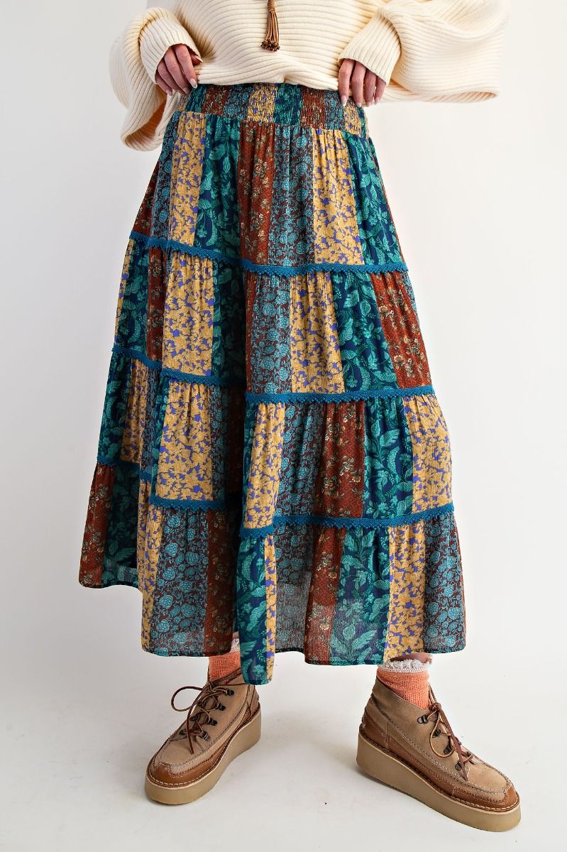Printed Rayon Gauze Tiered Maxi Skirt