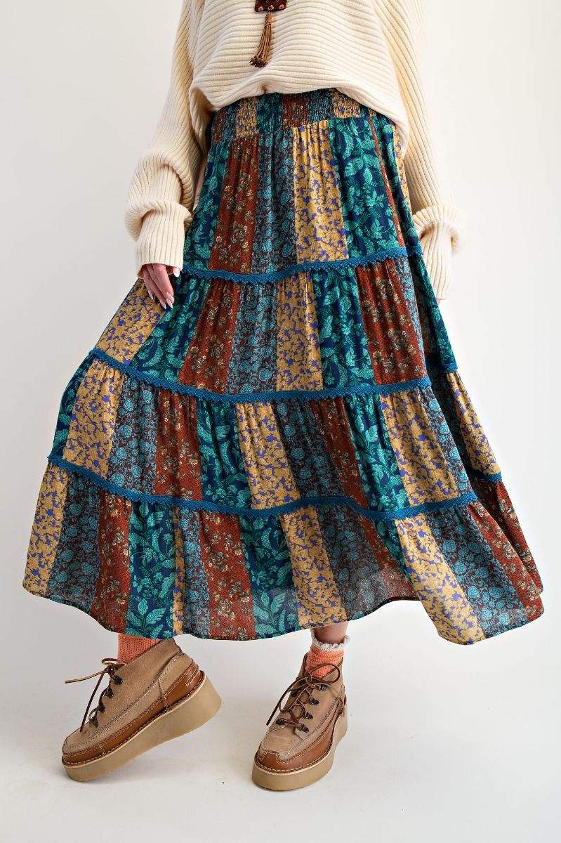Printed Rayon Gauze Tiered Maxi Skirt