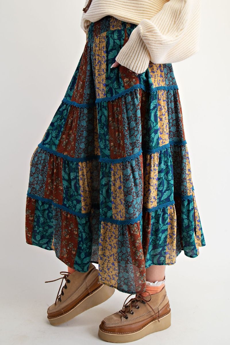 Printed Rayon Gauze Tiered Maxi Skirt