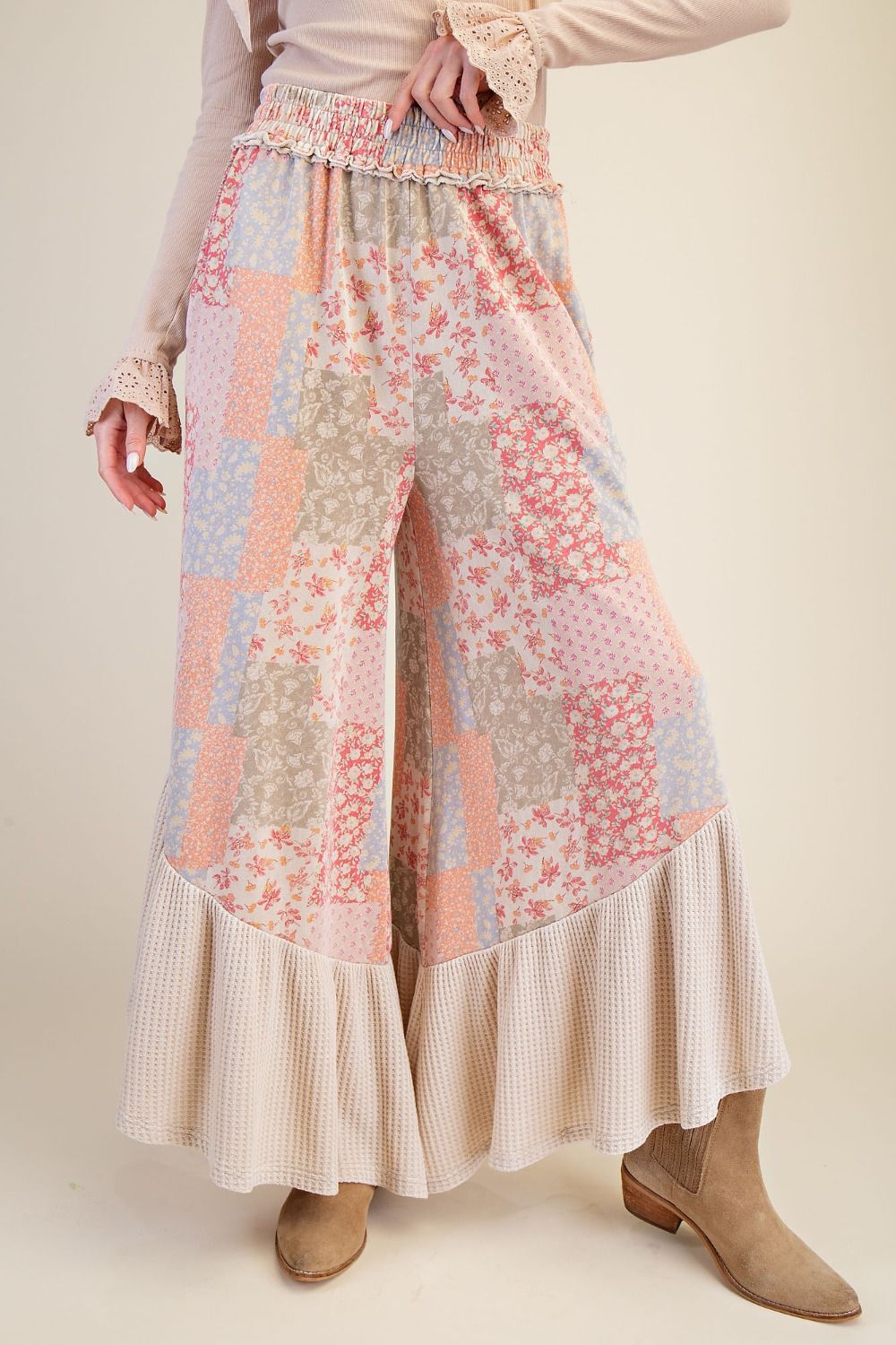 Patchwork Print Washed Pants