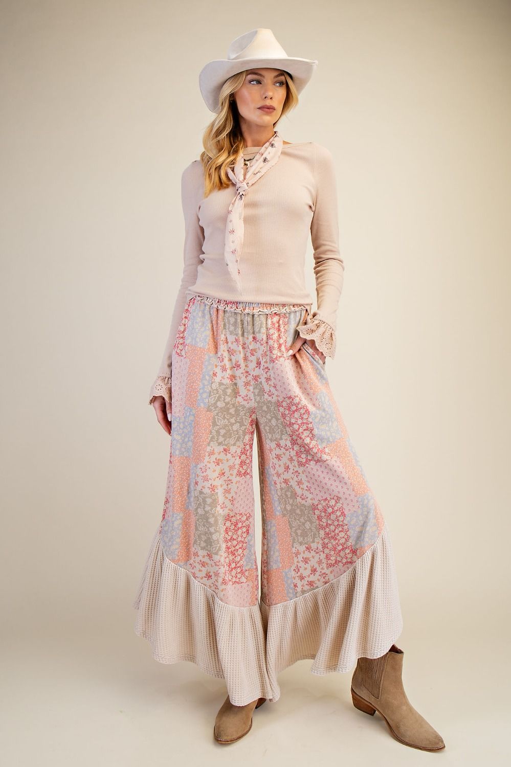 Patchwork Print Washed Pants