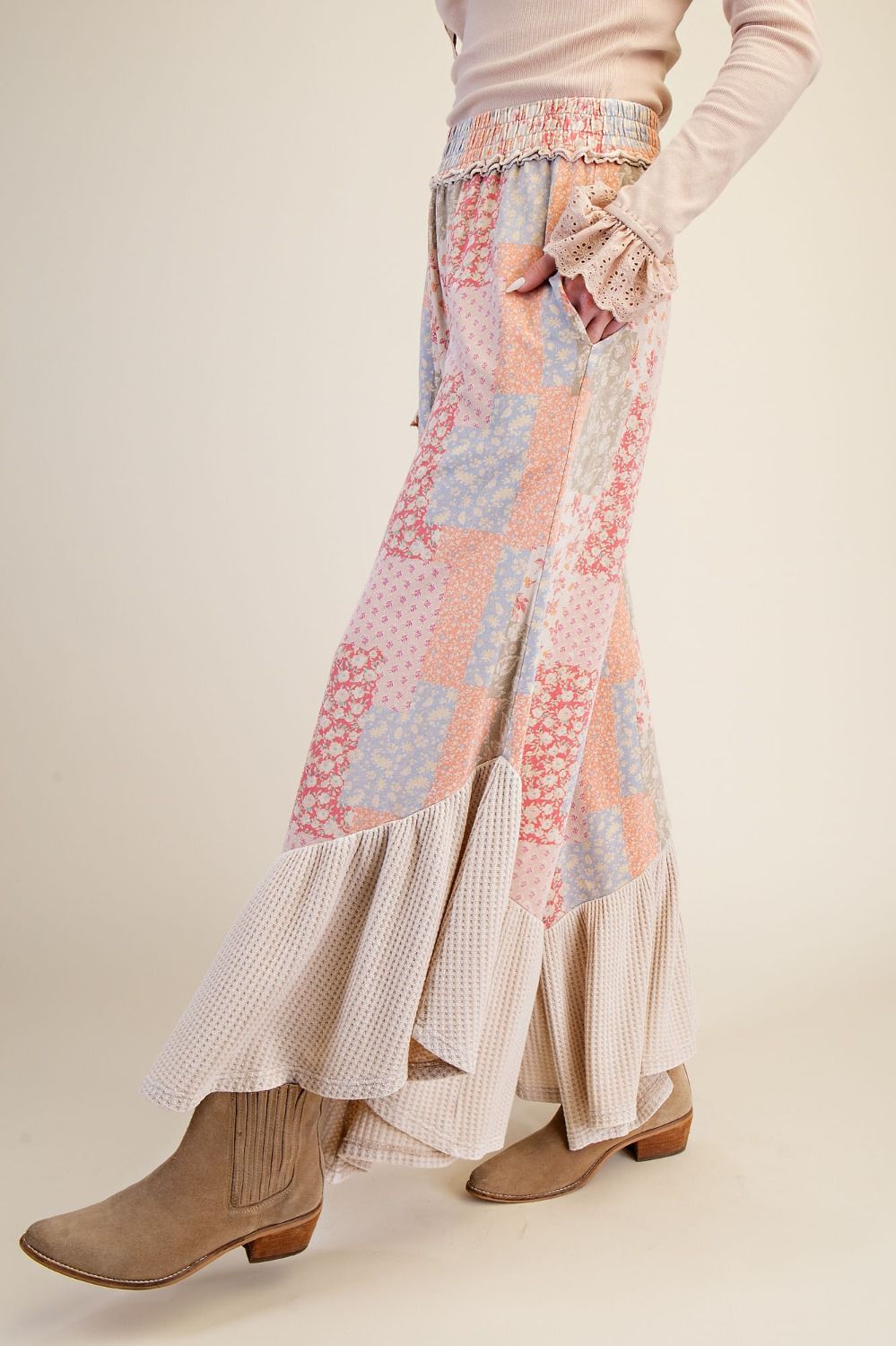 Patchwork Print Washed Pants