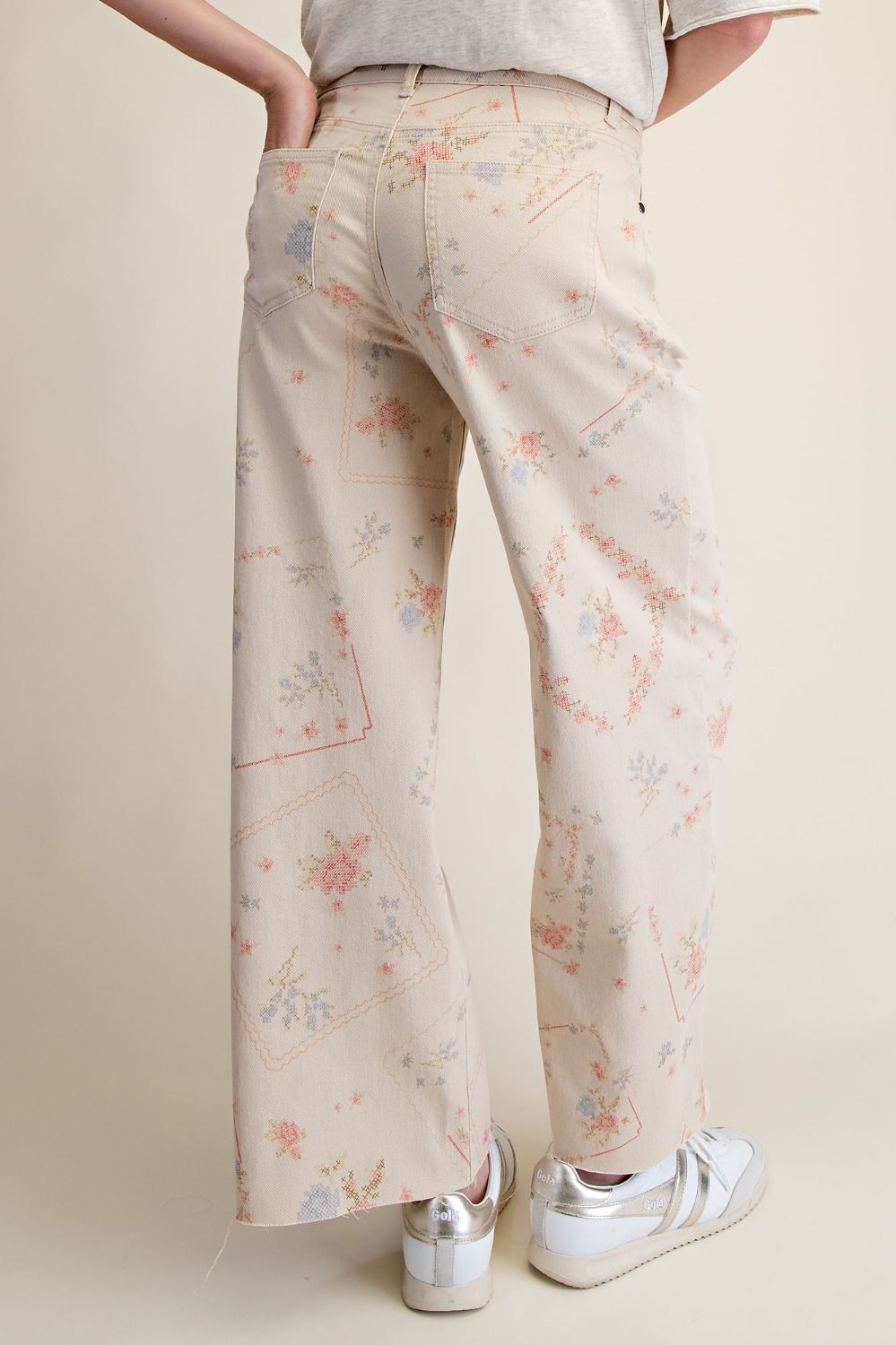Cross Stitch Pattern Printed Washed Twill Pants