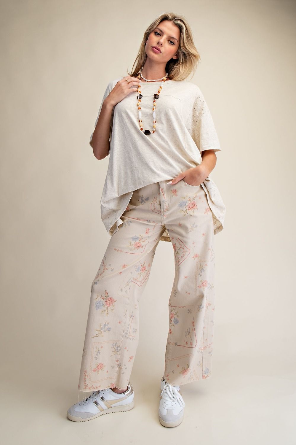 Cross Stitch Pattern Printed Washed Twill Pants