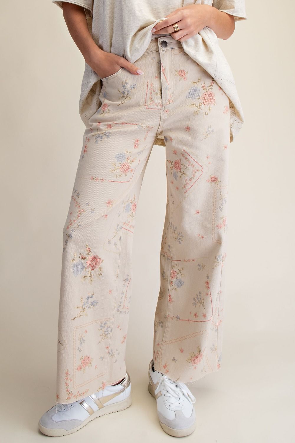 Cross Stitch Pattern Printed Washed Twill Pants