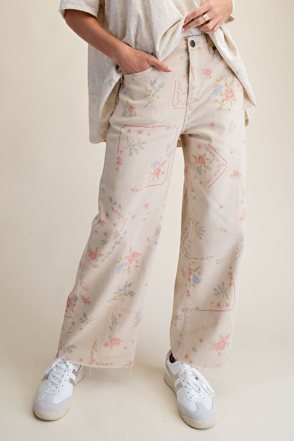 Cross Stitch Pattern Printed Washed Twill Pants