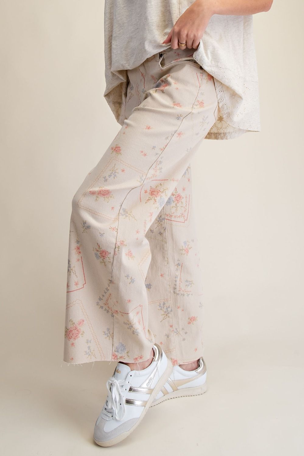 Cross Stitch Pattern Printed Washed Twill Pants