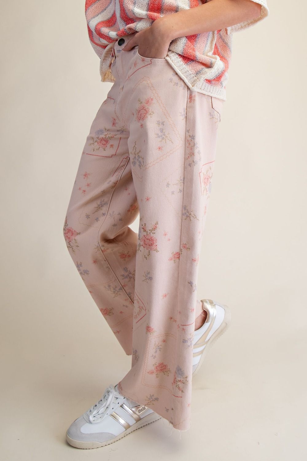 Cross Stitch Pattern Printed Washed Twill Pants