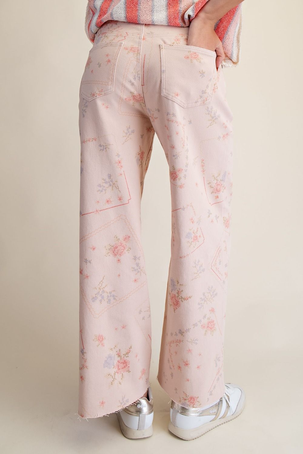 Cross Stitch Pattern Printed Washed Twill Pants