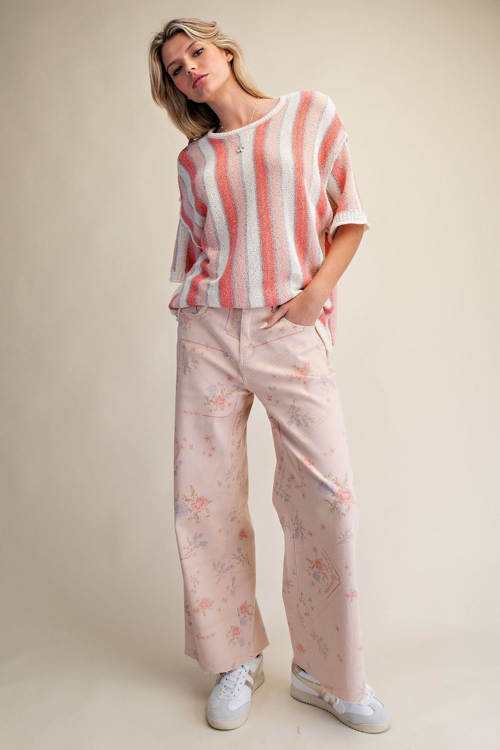 Cross Stitch Pattern Printed Washed Twill Pants