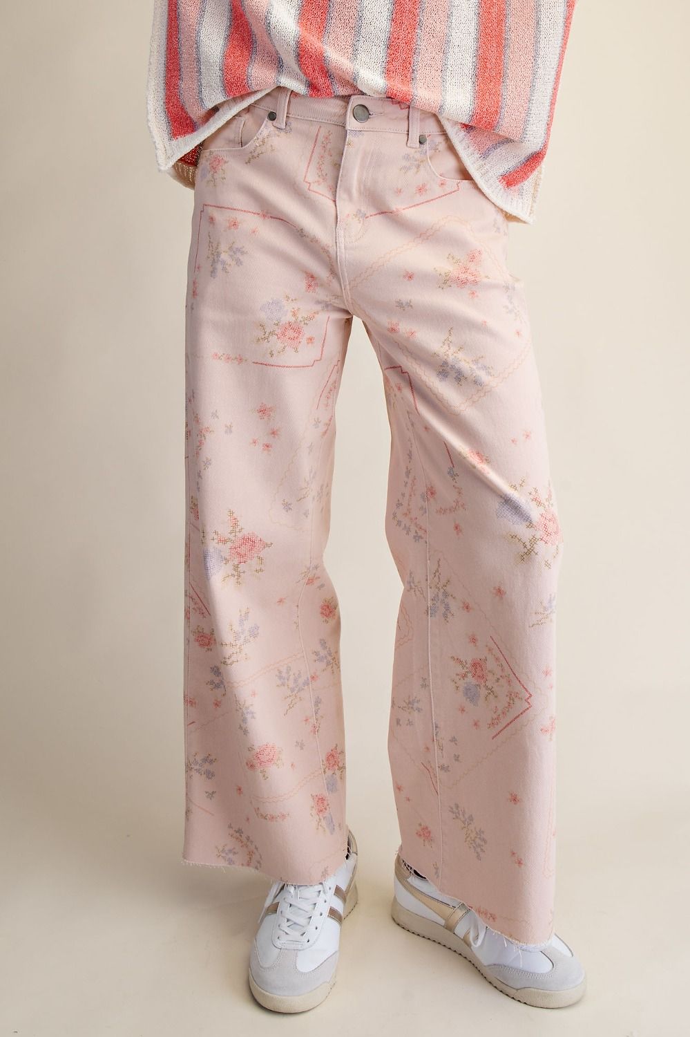 Cross Stitch Pattern Printed Washed Twill Pants