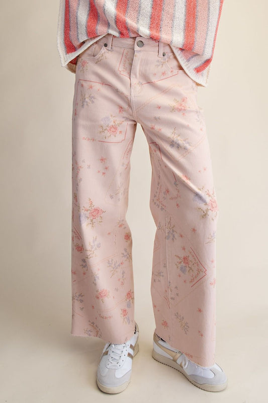Cross Stitch Pattern Printed Washed Twill Pants
