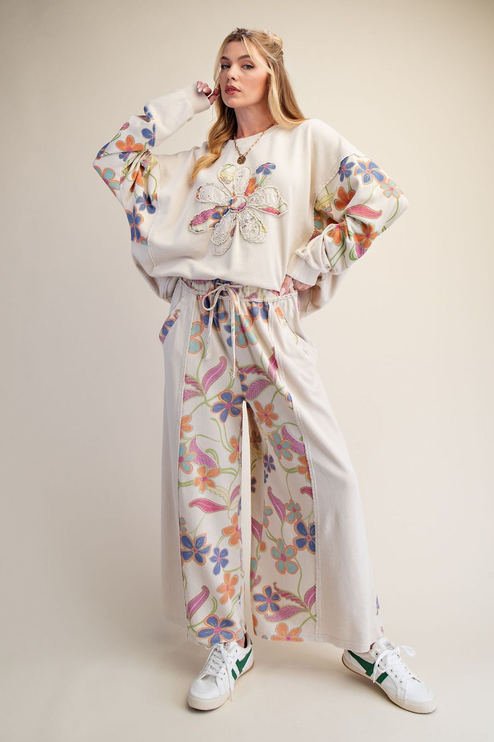Floral Print Mix Washed Terry Pants